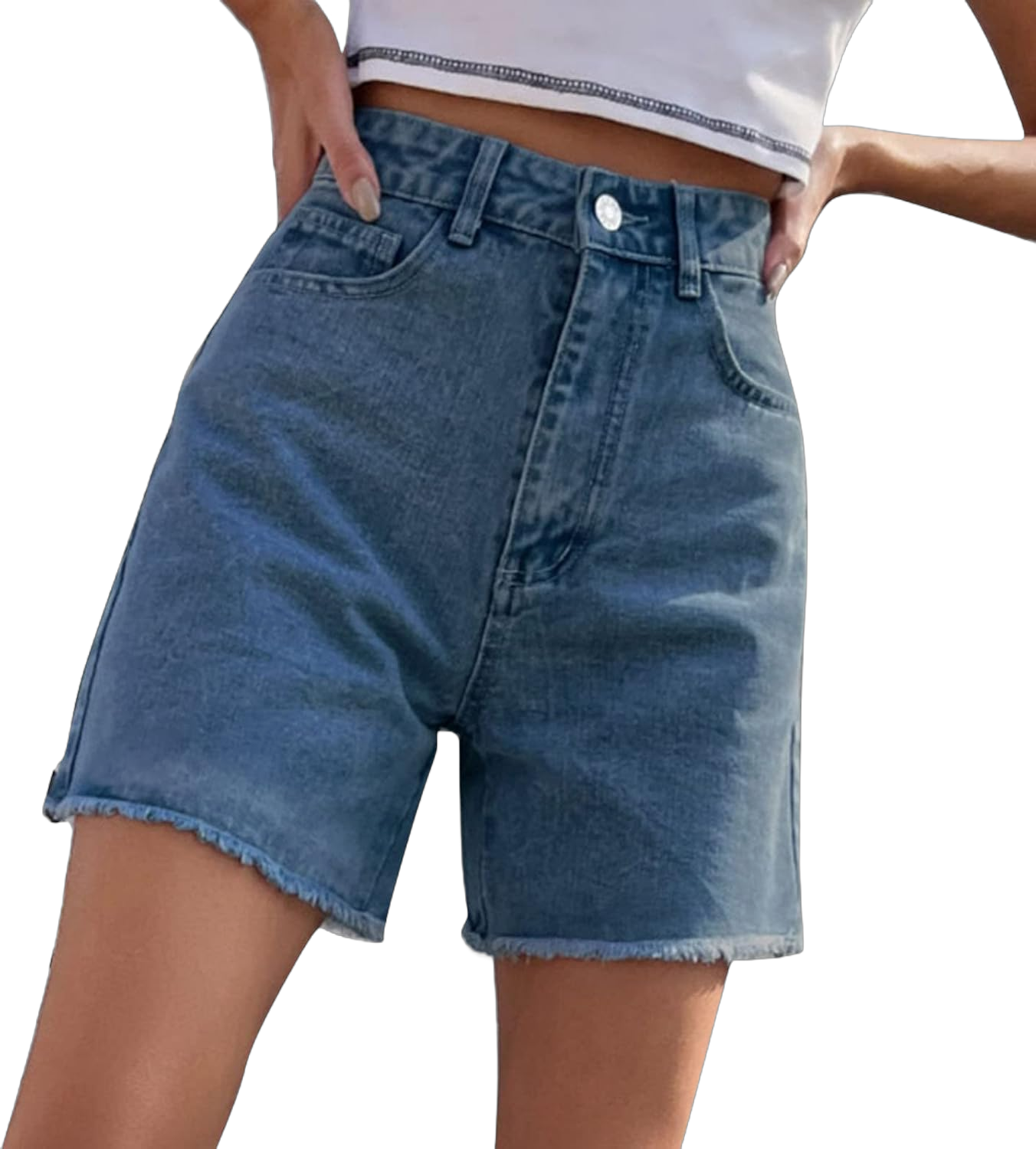 Bblulu Women's Fashion Ripped Hole Jeans High Waisted Folded Hem Jeans Shorts Ripped Stretchy Jeans Shorts with Pockets Dark Blue