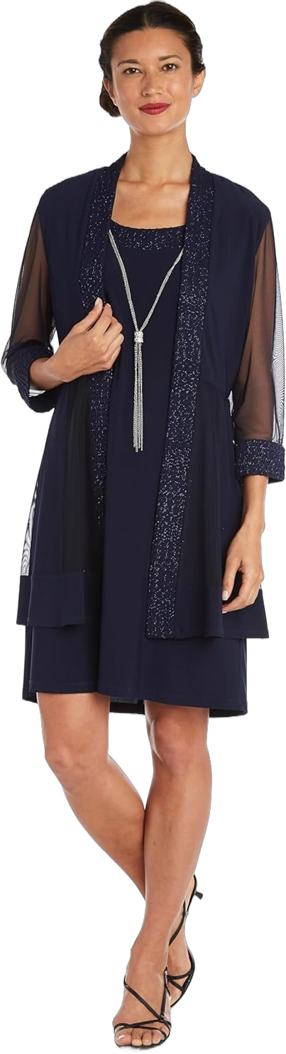 R&M Richards Women's Sheer Knee-Length Shift Dress and Jacket Set 6 Navy