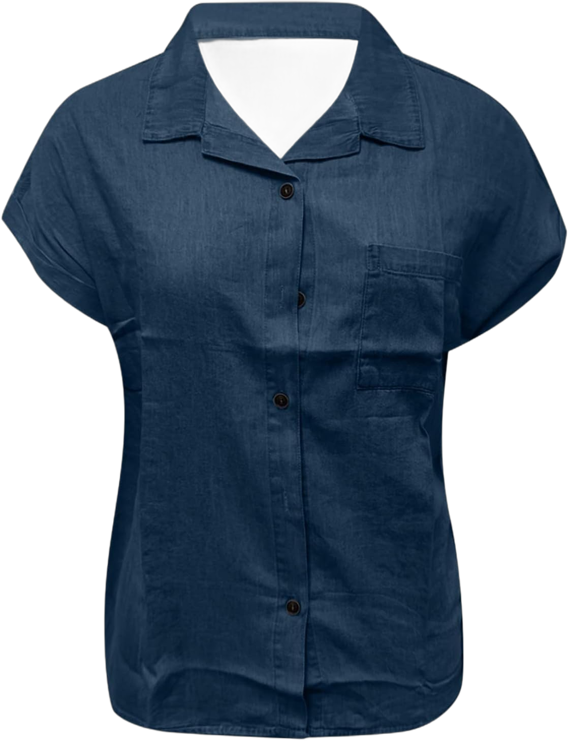 Womens Short Sleeve Denim Shirt Button Down Chambray Jean Western Shirts Fall Summer Casual Loose Solid Collared Plain Tops X-Large Dark Blue