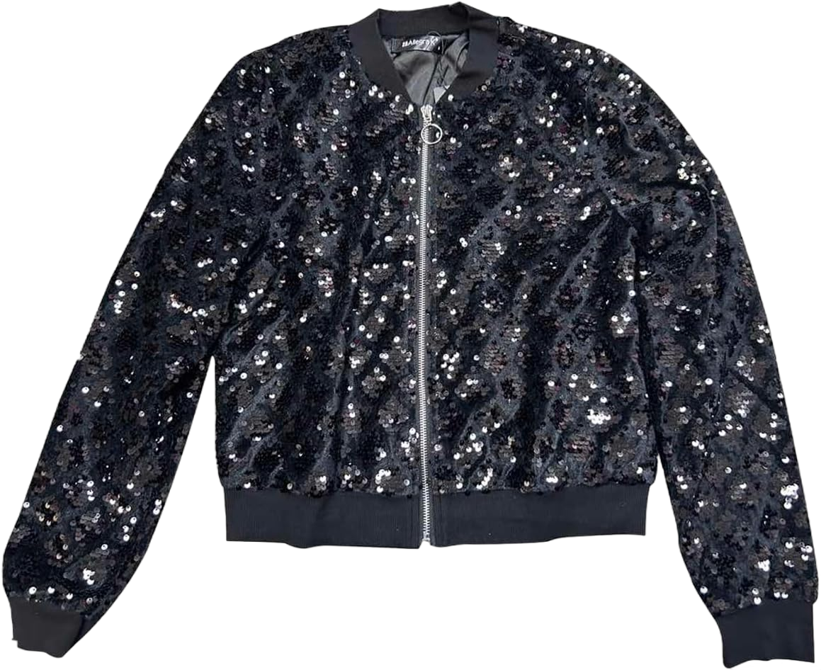 Allegra K Women's Sequin Long Sleeve Zipper Up Glitter Christmas Party Sparkly Bomber Jacket X-Large Black