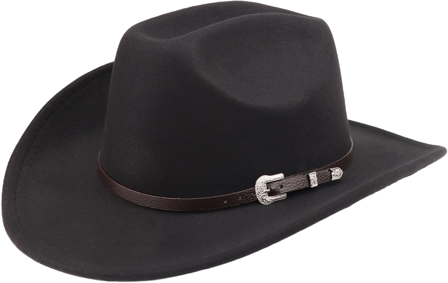 DRESHOW Western Felt Cowboy Cowgirl Hat for Women Men Classic Wide Brim Belt Buckle Panama Hat Unisex Caps 1 Pack Style 2: Black a (Hat Circumference: 22.4-23.2")