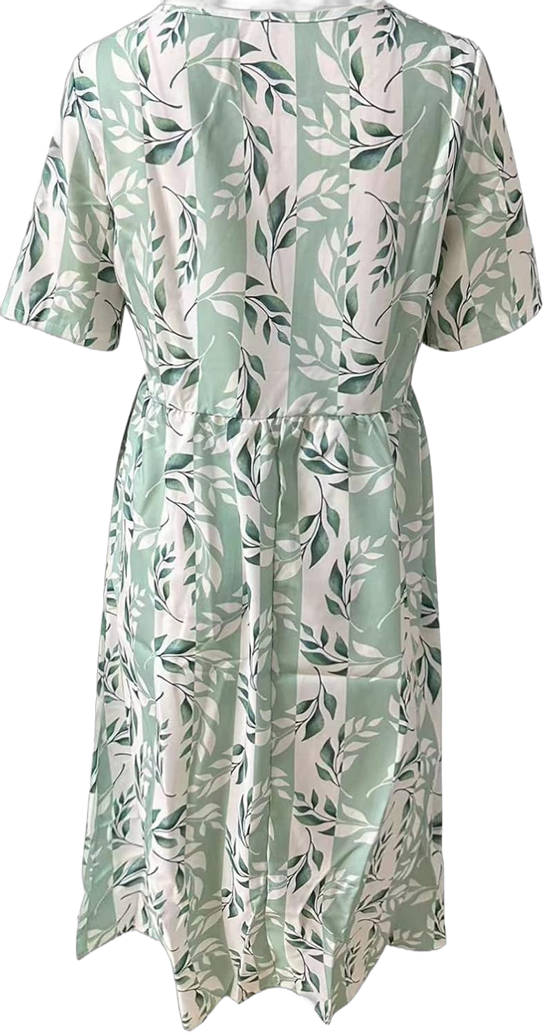 Women's Summer Short Sleeve Dresses Floral Printed T-Shirt Dress Flowy A Line Midi Beach Sundress with Pockets