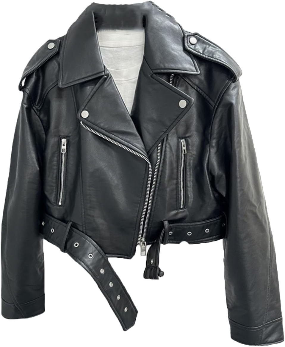 Women's Leather Jacket With Belt, Short Coat With Zipper And Vintage Lapel Jacket faux leather jacket Large Black