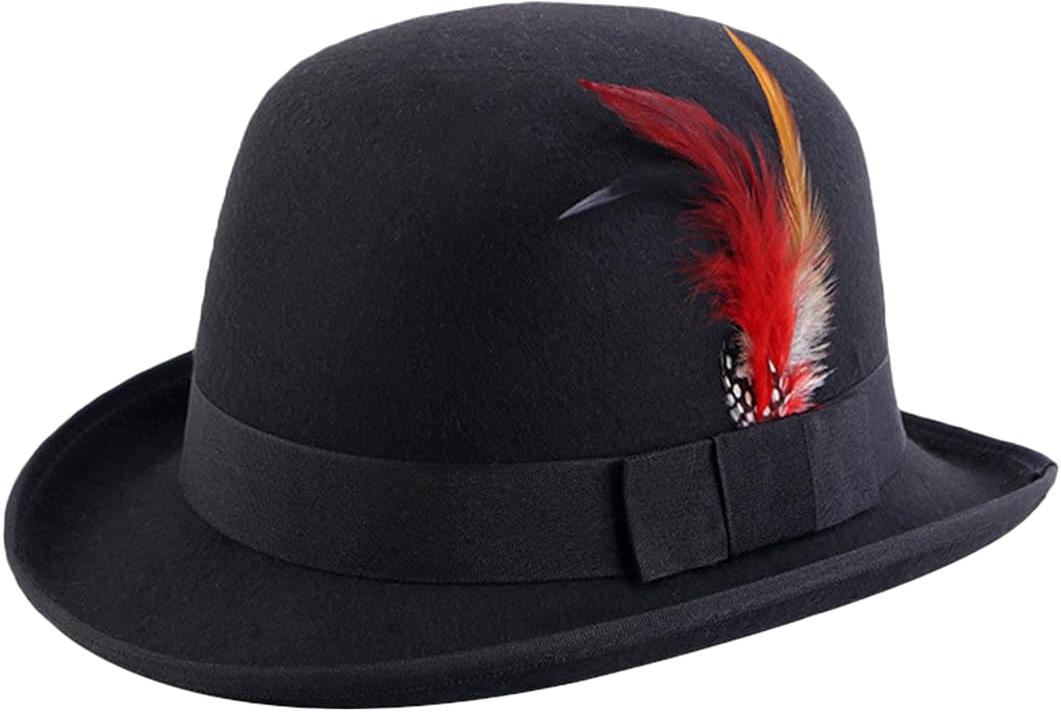 Classic Fedora Hat with Feather Bowler Dome Hard Faux Woolen Top Hat for Men Women Black Wool Imitation