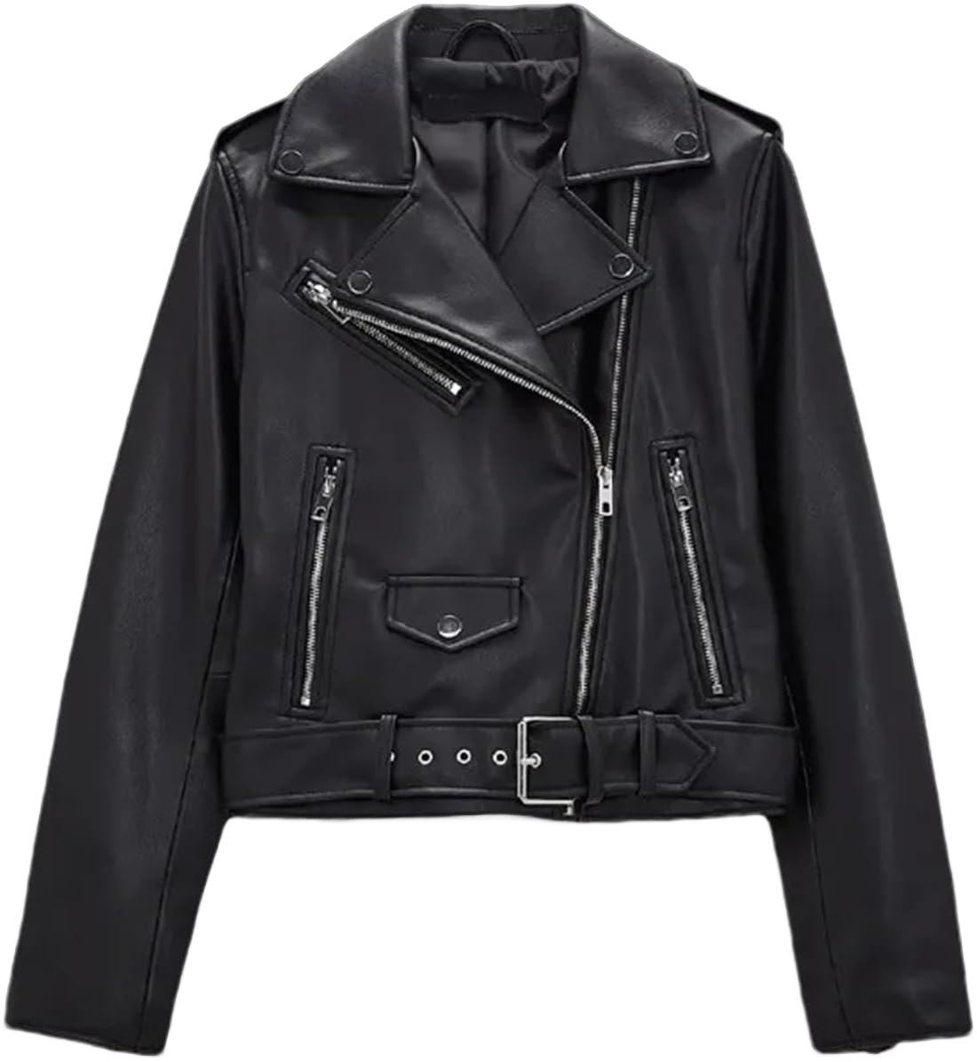 Spring Autumn Faux Leather Jacket With Belt Women Lapel Motorcycle Coat Zipper Moto Biker Outwear Women's Jacket Medium Black