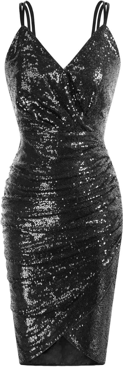 GRACE KARIN Women's Sexy Sequin Sparkly Glitter Ruched Party Club Dress Spaghetti Straps Wrap V-Neck Bodycon Dress XX-Large Black