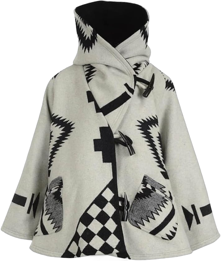 CHARTOU Women's Wool Blend Aztec Ethnic Geometric Print Hooded Toggle Cloak Coat Medium Grey