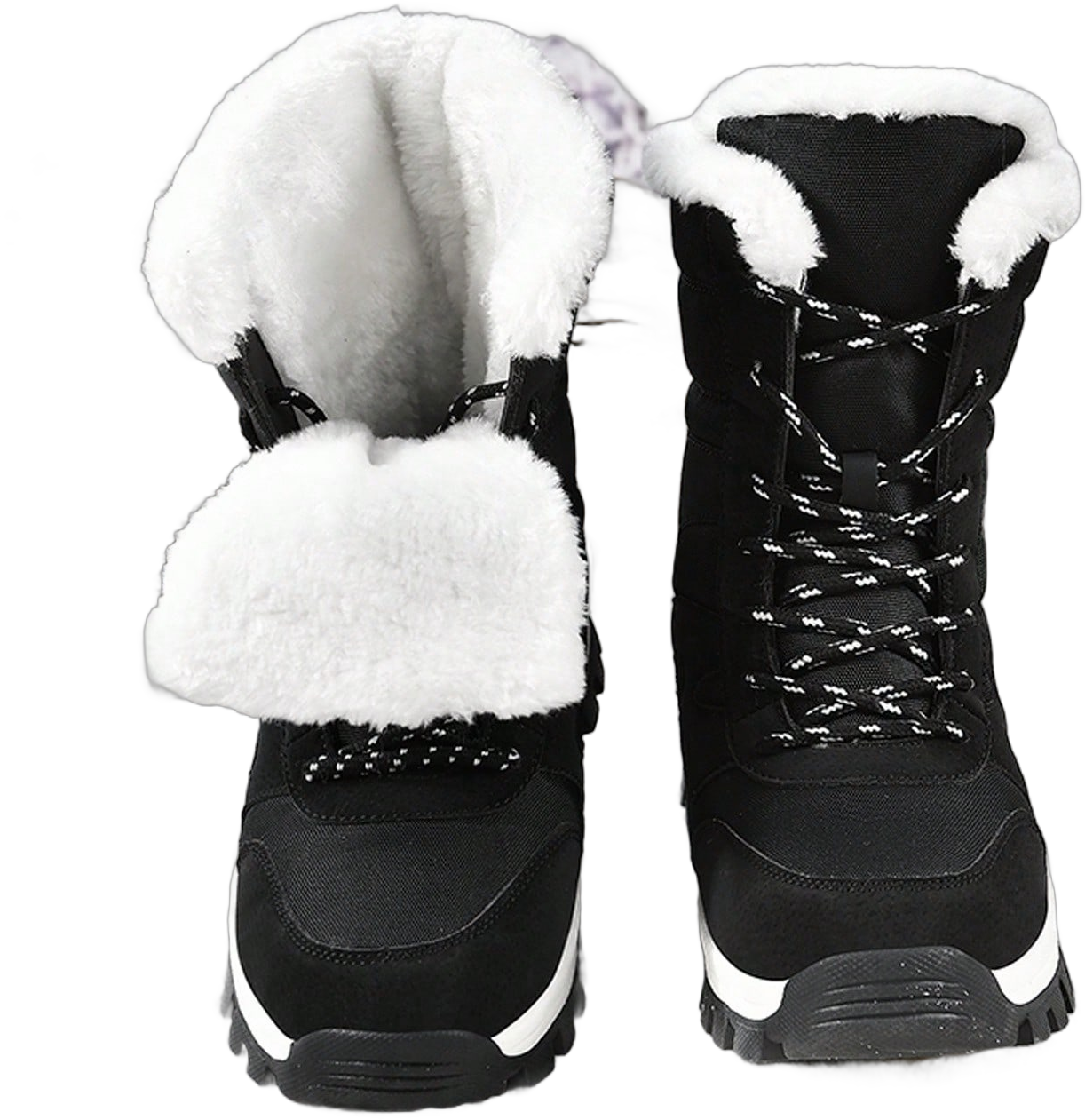 Women's Anti-Slip Warm Fur Lined Ankle Boots, Black, Mid-Calf, High-Top, Fur Lining, Outdoor Hiking Boots, Winter Boots For Women; Men's Waterproof Snow Boots, Round Toe Lace Up, Couple Outdoor Sports Trekking Boots, Skiing Boots, Climbing Boots