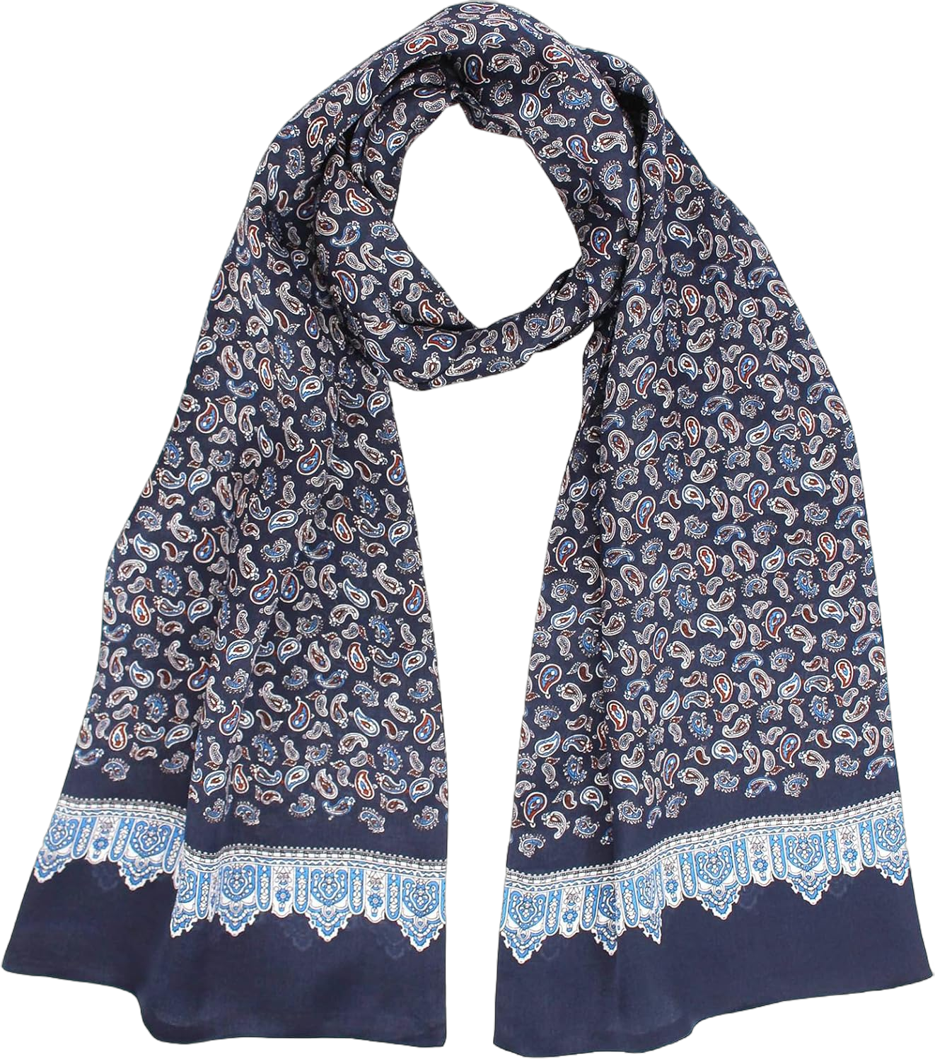 ANDANTINO 100% Silk Oblong Scarf for Men 61”*10.2” Double-Sided Thin Long Shawls for Head and Neck with Gift Packed Navy Paisley