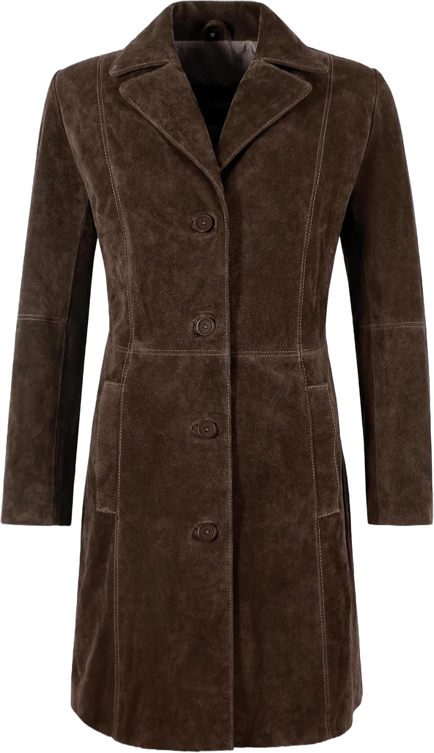 Women's Elegant Trench Coat Classic Real Suede Leather Knee-Length Slim Fit Coat 3457 12 Brown