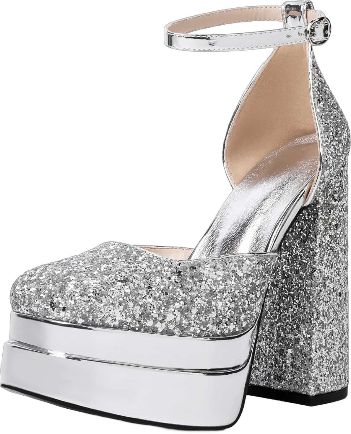 Mettesally Women's Stacked Platform High Heels Square Toe Chunky Thick Heel Sandals Ankle Strap Block Heeled Pumps Fashion Party Platform Shoes 5 Silver Glitter