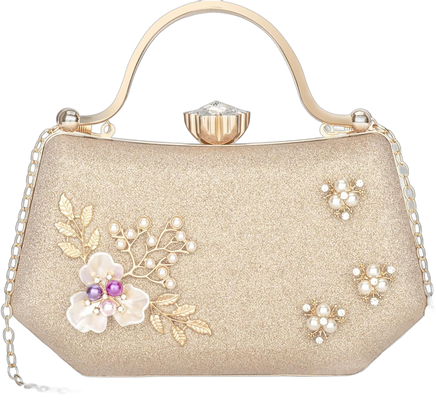 Women's Gold Glitter Shiny Pearl and Flower Decor Clutch Evening Purse Wedding Party Bag