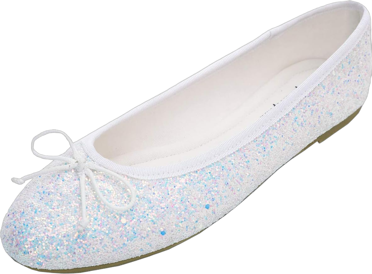 FEVERSOLE Women's Macaroon Colorful Memory Foam Cushion Insock Patent Ballet Flat Glitter Multi White 8