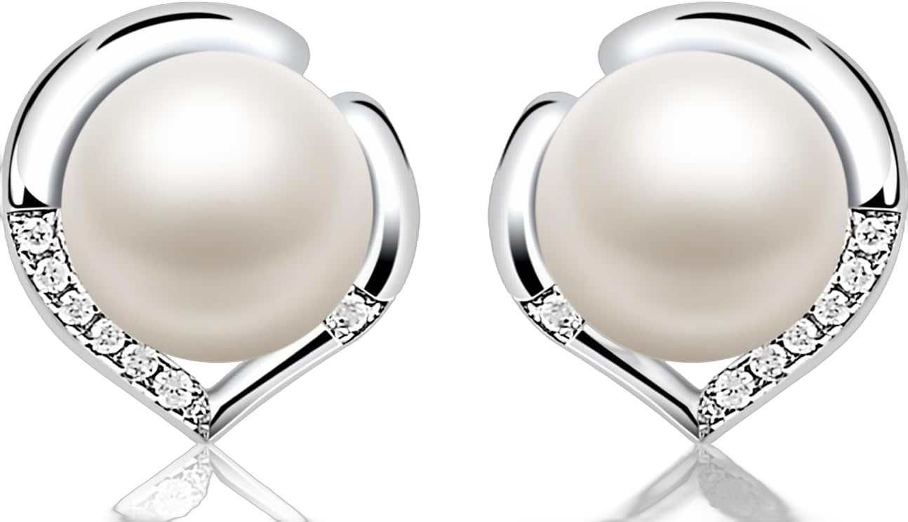 Pearl Earrings Studs for Women, White Shell Pearl Earrings, 925 Sterling Silver Studs ''LOVE HEART'' Gift for Her