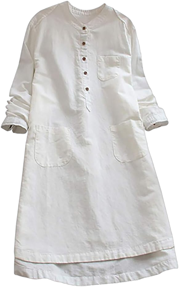 iQKA Women Plus Size Cotton Linen Button Down Shirt Dress Long Sleeve Casual Loose Pockets Mini Tunic Dress Medium White