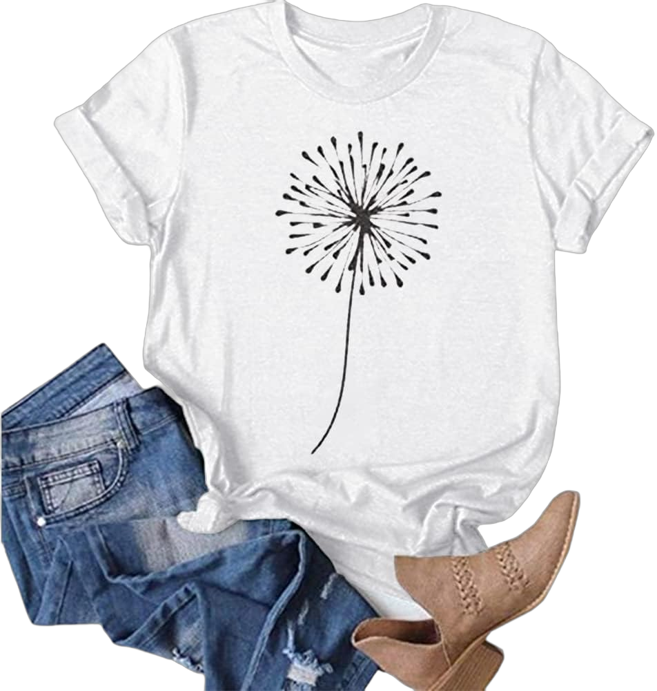 Cicy Bell Women's Dandelion Print T Shirts Cute Graphic Tees Short Sleeve Summer Cotton Tee Tops Z-white X-Large