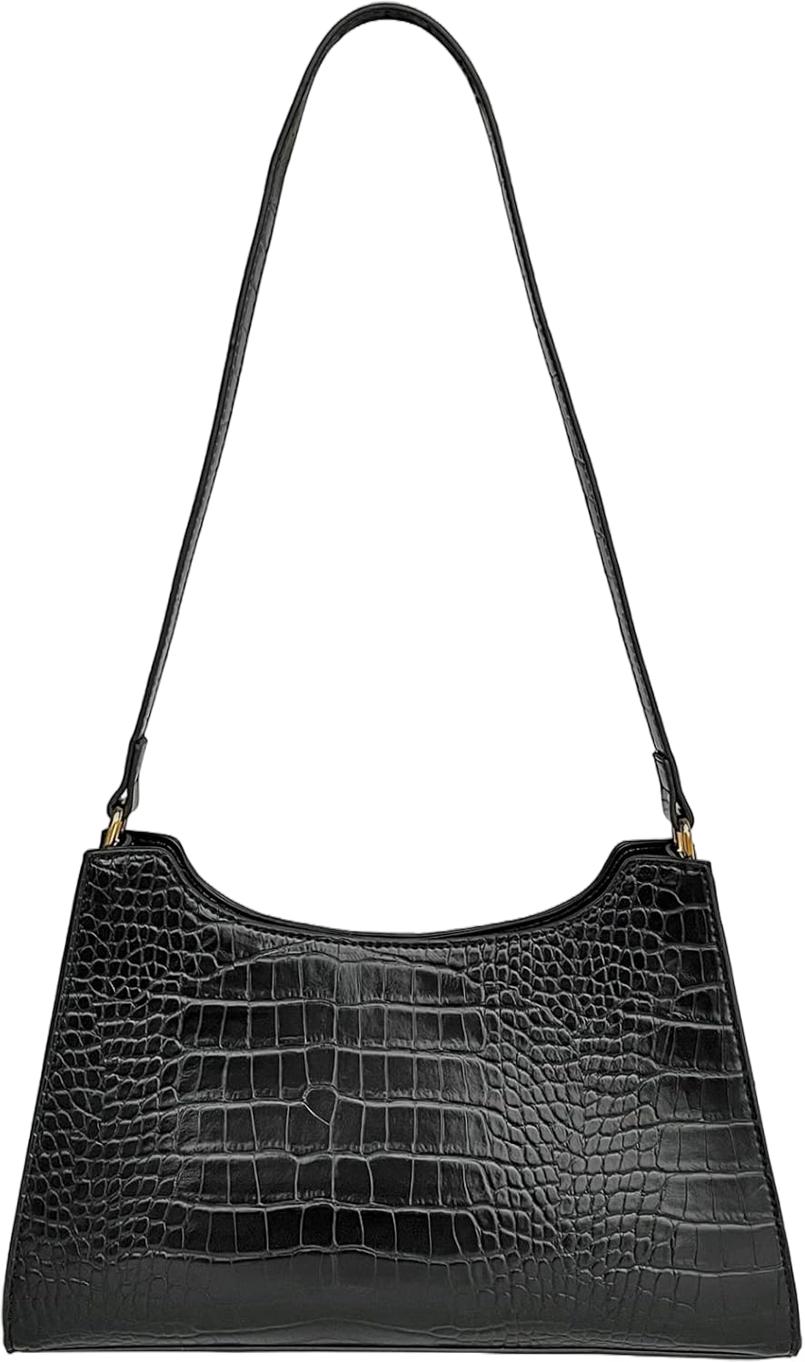 AMHDV Retro Shoulder Bag Top Handle Handbag with Crocodile Pattern Classic Tote Purse for Women Black