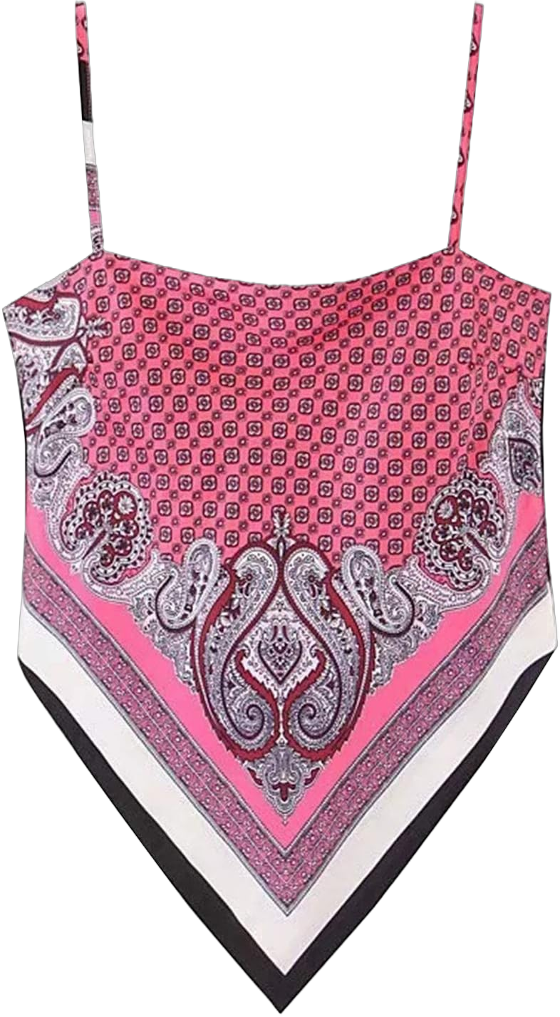 Women's Paisley Print Tie Back French Knot Hanky Hem Spaghetti Straps Handkerchief Cami Bandana Tube Crop Top