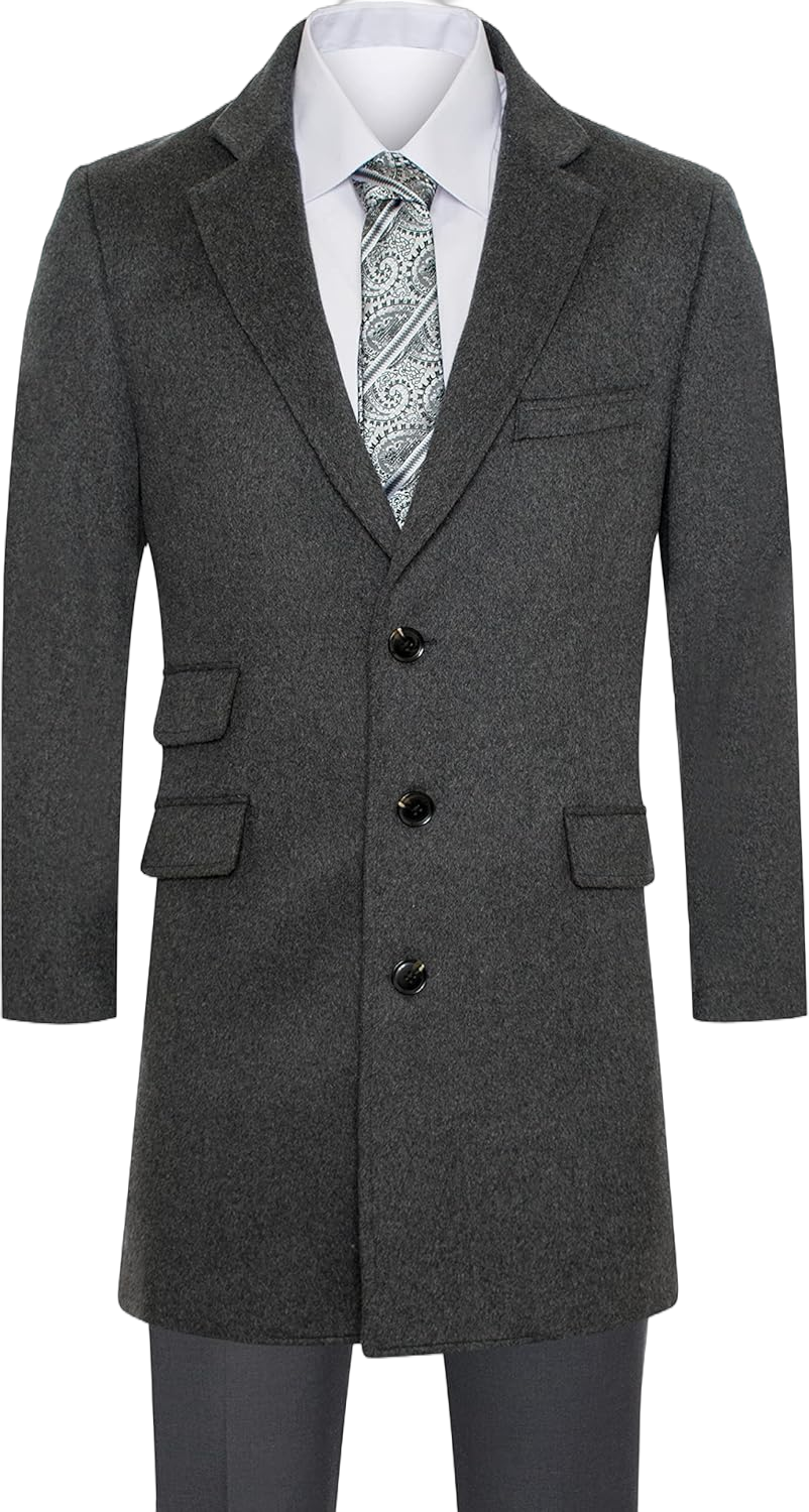 Men's Premium 100% Wool and Cashmere Long Jacket-Wool and Cashmere Topcoat Outerwear Overcoat 42 Charcoal Gray Wool Overcoat