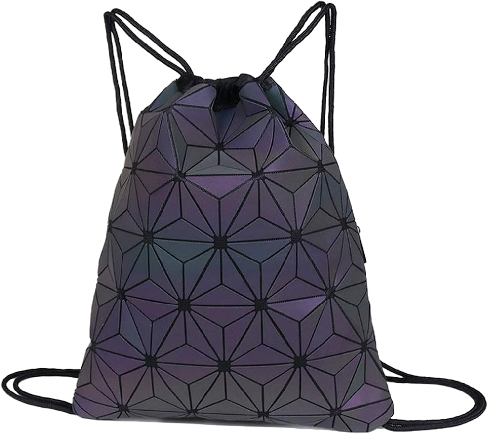 Van Caro Unisex PU Leather Holographic Geometric Drawstring Backpack Gym Travel String Bag, Black One_Size