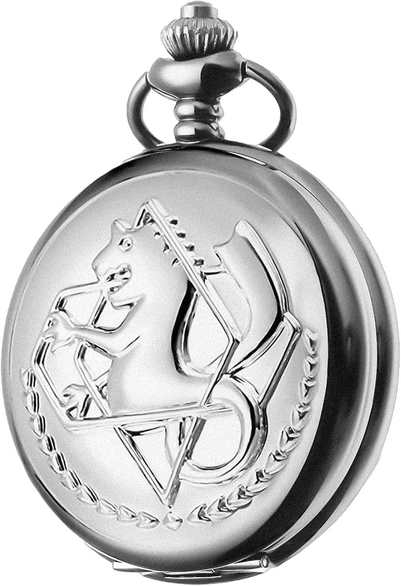 BOSHIYA Fullmetal Alchemist Pocket Watch with Chain Vintage Bronze Quartz Pocket Watch Cosplay Accessories Anime Merch Gift Box FMA-Sliver