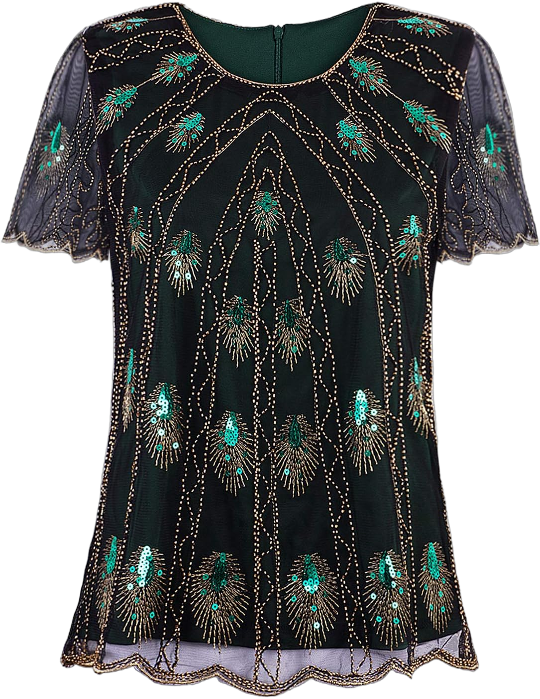 Vijiv Women's 1920s Vintage Beaded Evening Top Art Deco Scalloped Hem Peacock Sequin Embellished Blouse Tunic Small Green Peacock