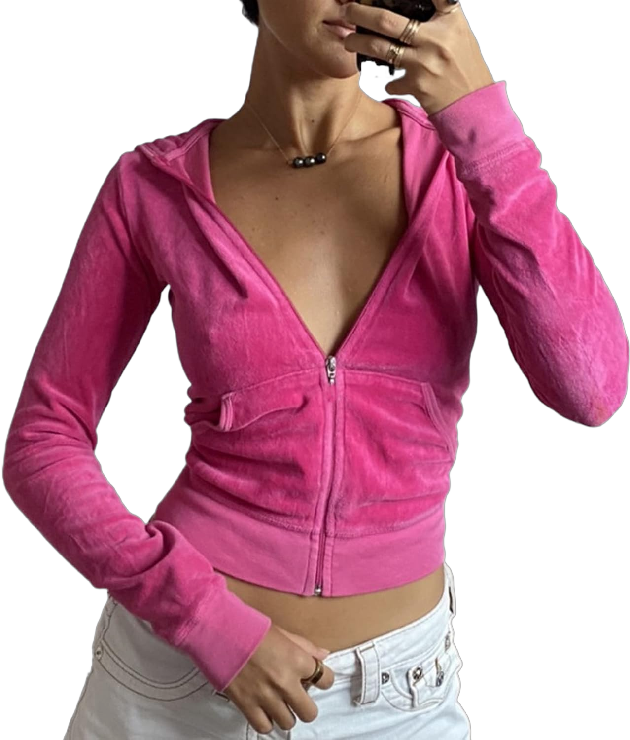 KMBANGI Zip Up Crop Hoodies for Women Vintage Velvet Hooded Pullover Y2k Slim Fit Sweatshirt Jacket with Pockets Large Pink