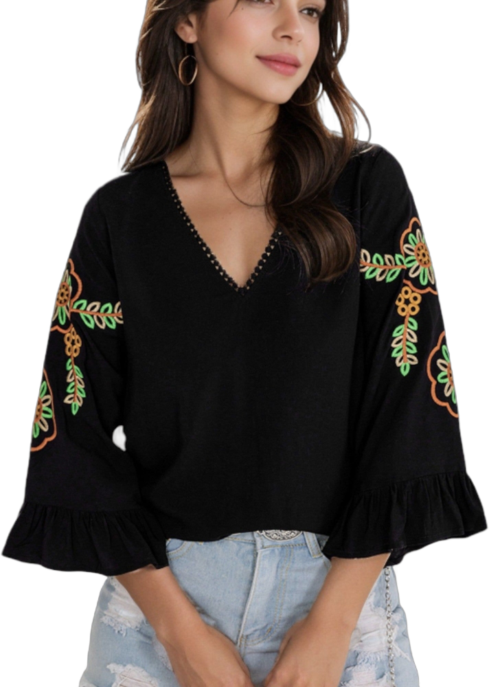 Anna-Kaci Women's Neon Floral Cord Embroidered Ruffle Bell Sleeve V-Neck Blouse-X Large, Black