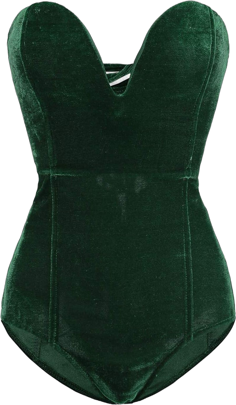 Women Sexy Velvet Strapless Bodysuit Jumpsuit Sweetheart Deep V Neck Cross Back Vintage Bodycon Leotard Bustier Top Green Small