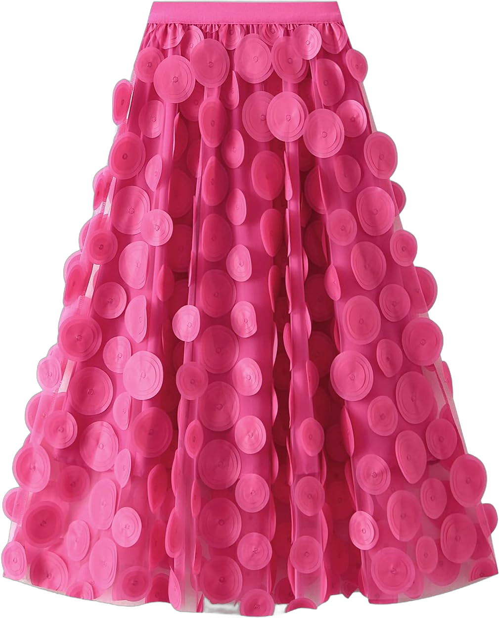 Tulle Midi Skirt Women Elastic Waist 3D Polka Dot Ruffle Skirt Mesh Layered Tutu Long A-Line Party Skirt One Size Rose Red