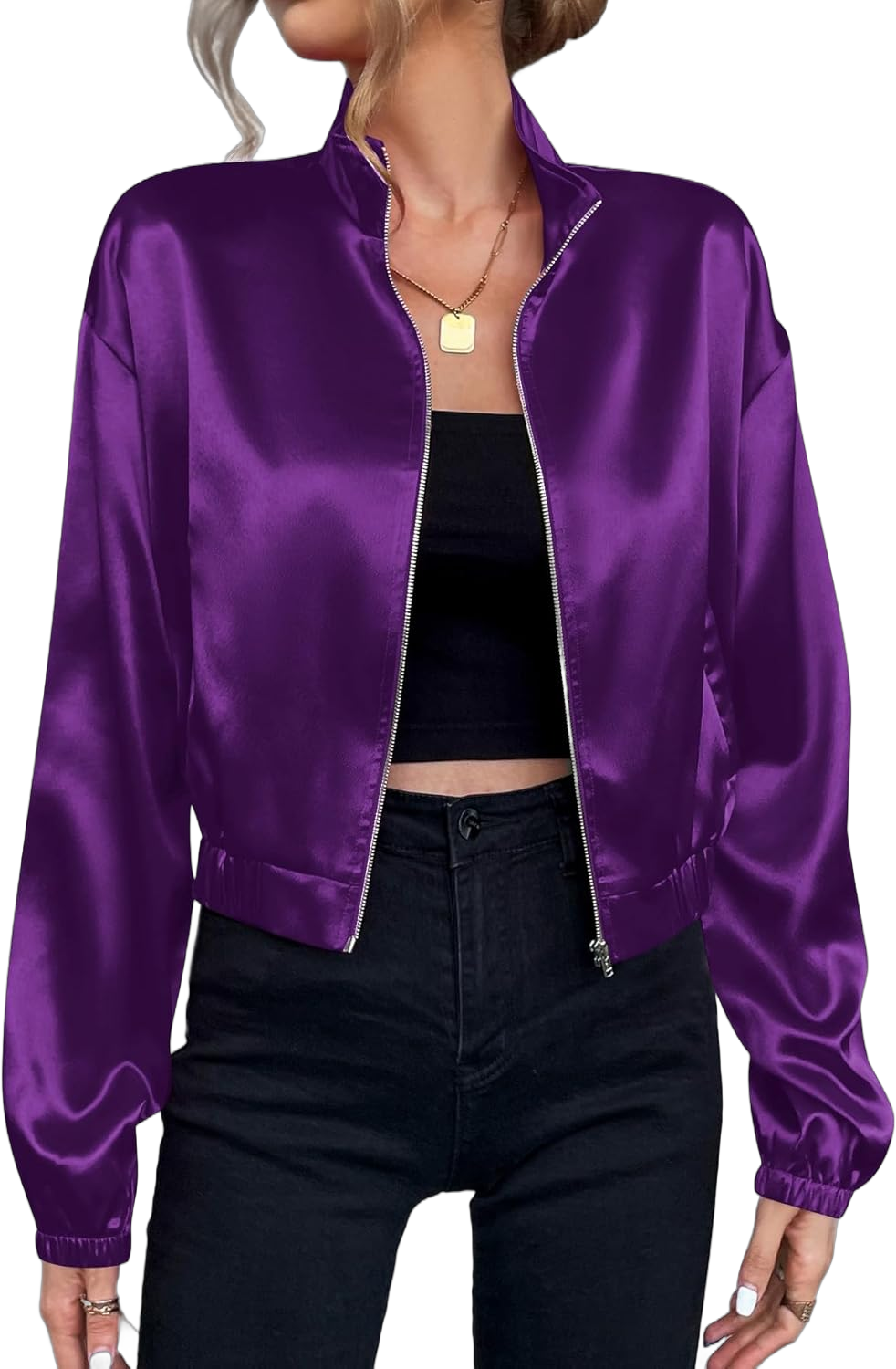 Verdusa Women's Bomber Satin Lightweight Jacket Drop Shoulder Long Sleeve Zip Up Outerwear Large Purple