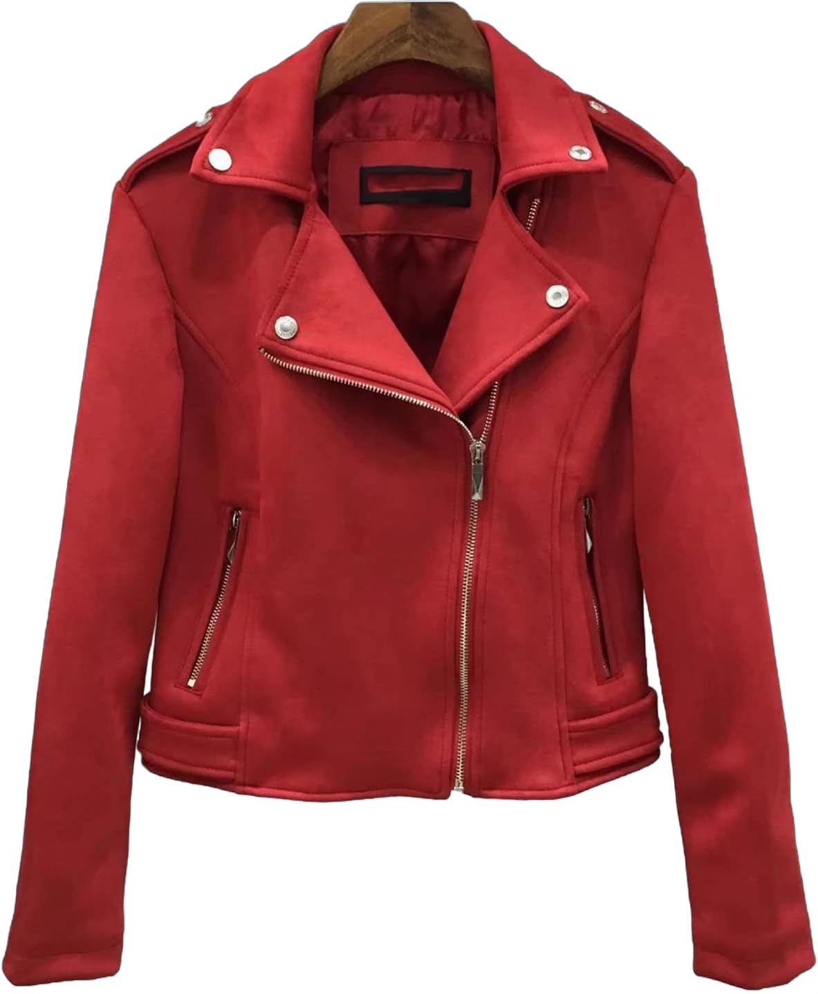 JEsilunmaMY Women's Suede Leather Jacket Lapel Asymmetric Zip Cropped Motorcycle Coat Slim Fit Fall Biker Outwear with Pocket Small Red