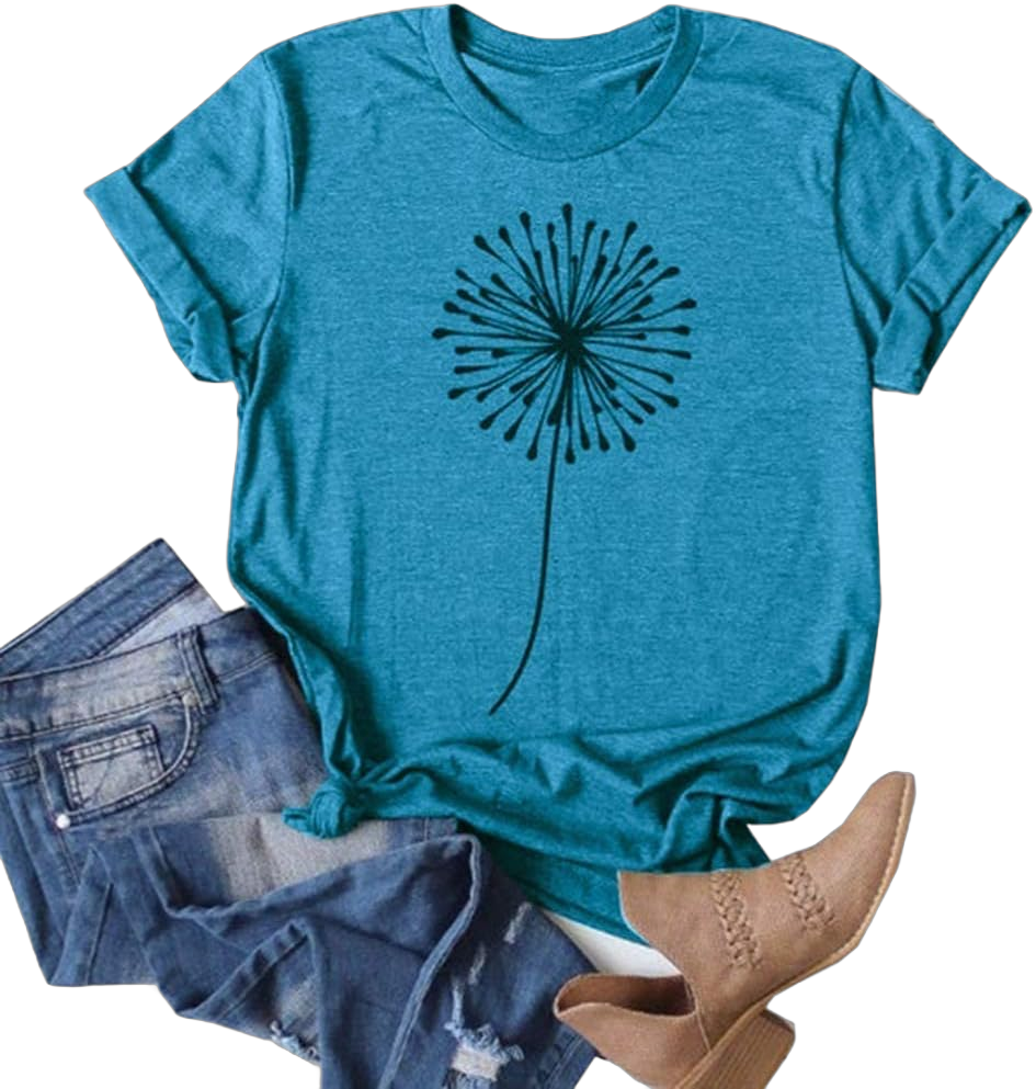 Cicy Bell Women's Dandelion Print T Shirts Cute Graphic Tees Short Sleeve Summer Cotton Tee Tops Z-blue Large