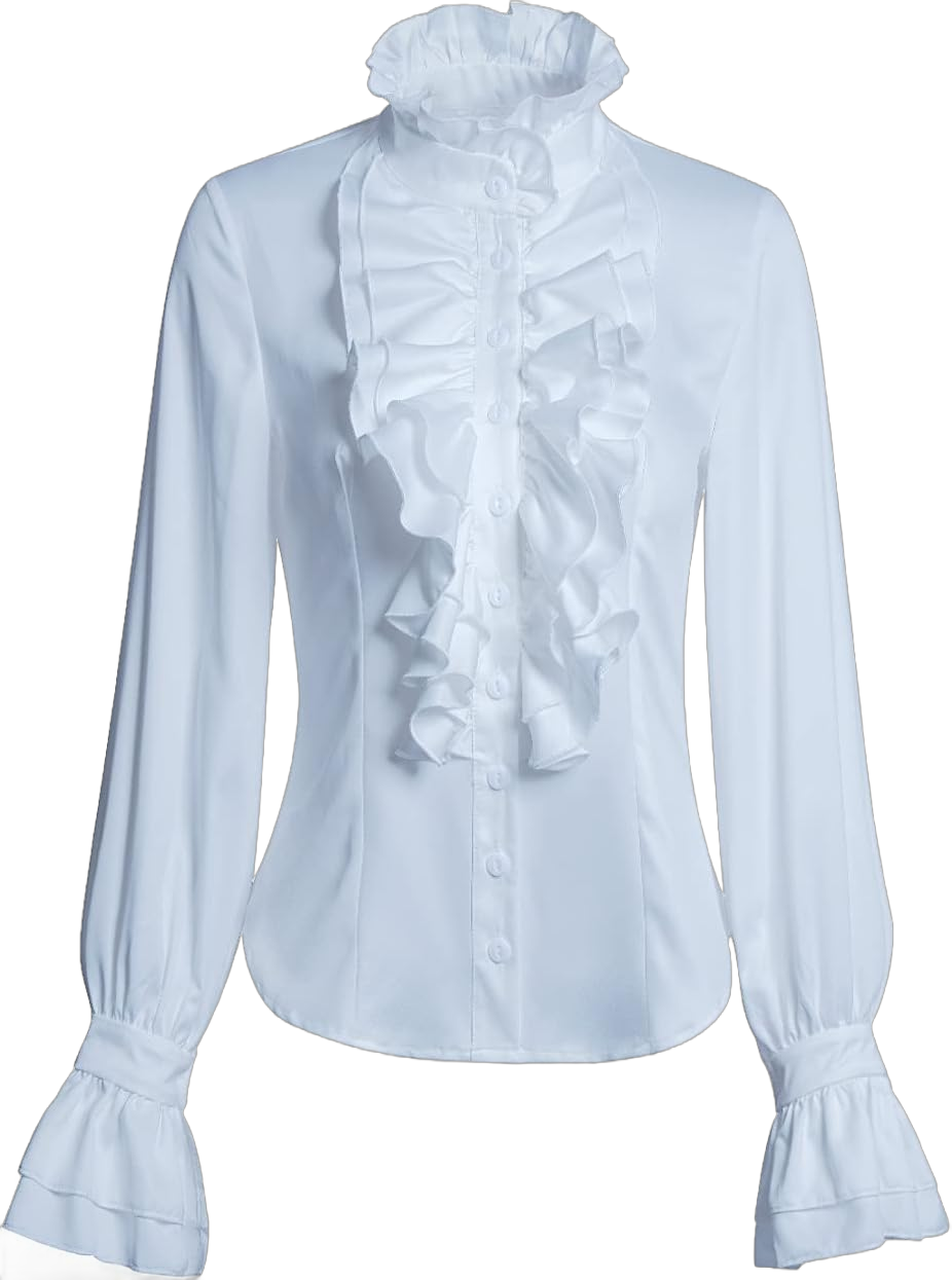 Women Victorian Gothic Ruffled Lotus High Neck Lace Lantern Long Sleeve Top Blouse Shirt White XX-Large