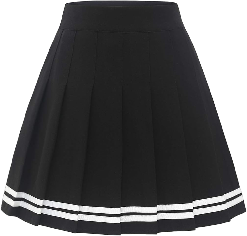 Women’s Pleated Skirt Mini Skater Basic Skirt School Cheerleader Medium Black White Strip