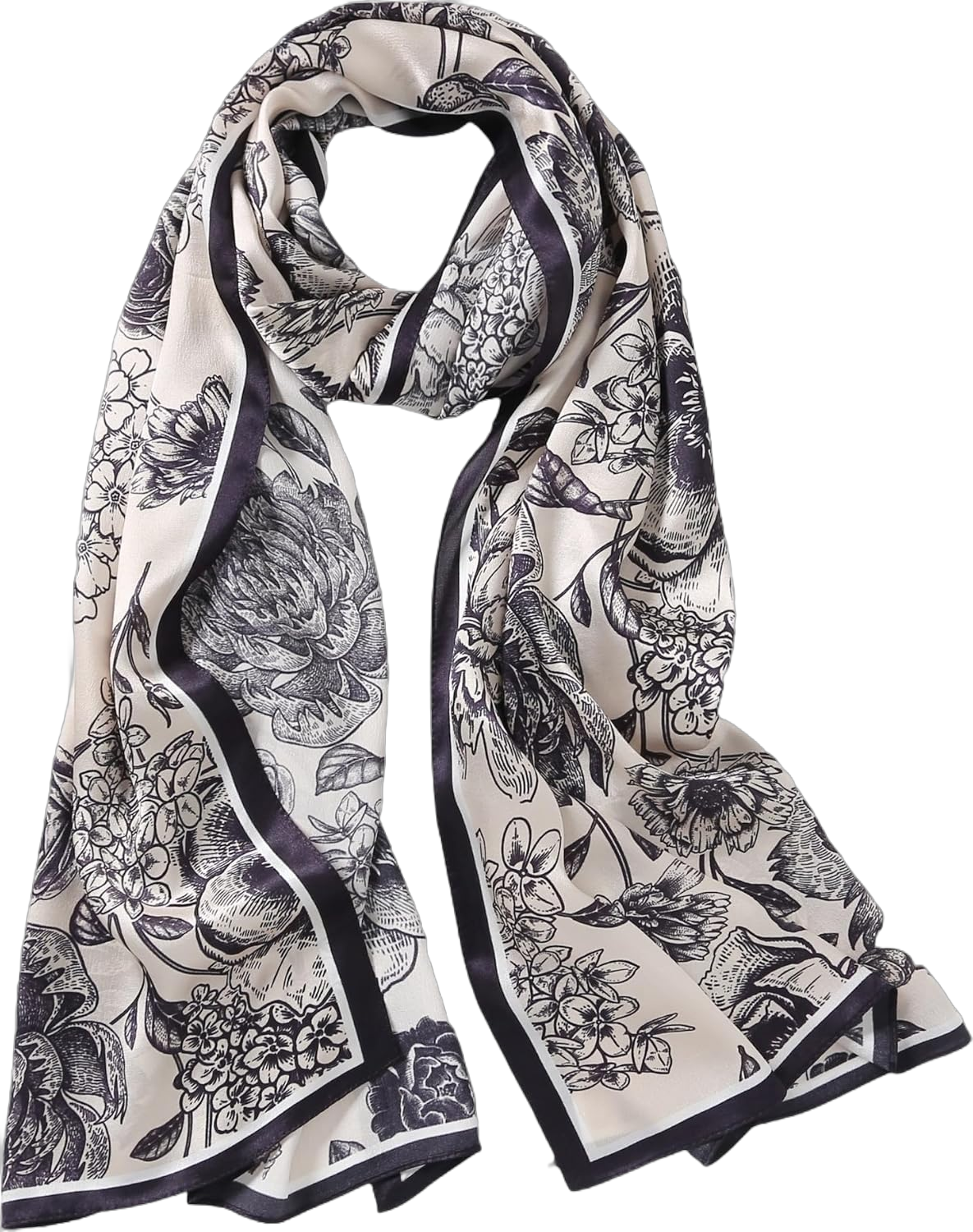 Jeelow 100% Mulberry Pure Real Silk Scarf Lightweight Chiffon Shawls And Wraps Sheer For Women Oblong Black Floral 1