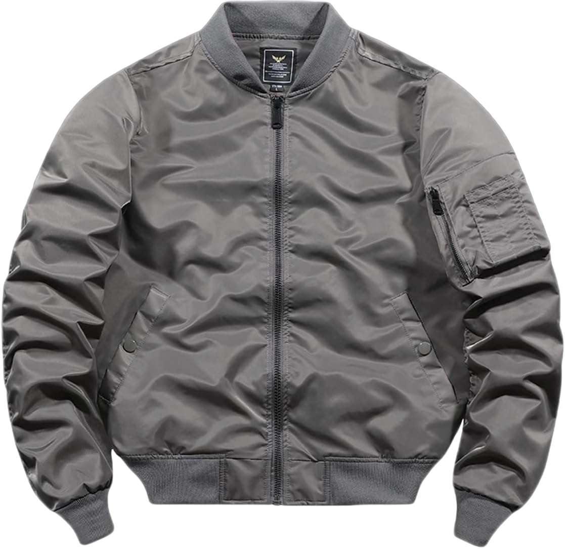 HARGLESMAN Men's Lightweight Warm Bomber Jacket with Zipper Pockets(S-3XL) Medium Grey