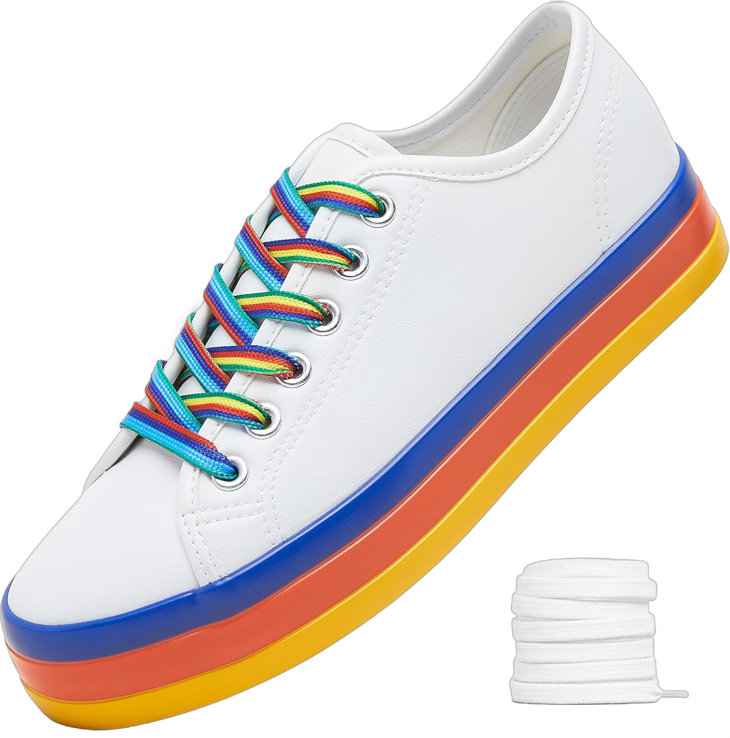 XRH White Shoes for Women Rainbow Platform Sneakers,Women Tennis Shoes Comfortable Sneaker with Colored Shoelaces,Colorful Classic Leather Shoes 10 White-sapphire Blue