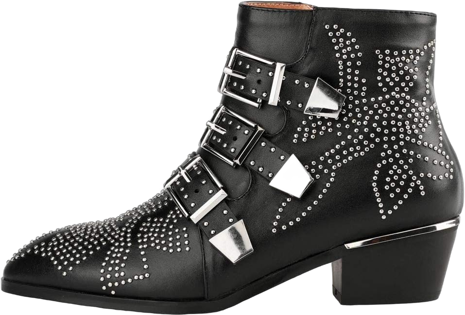 Arqa Women's Studded Ankle Boots Leather Multiple Buckle Chunky Heel Booties Almond Toe Zipper Punk Boot 9.5 Black-glossy-silver Rivet