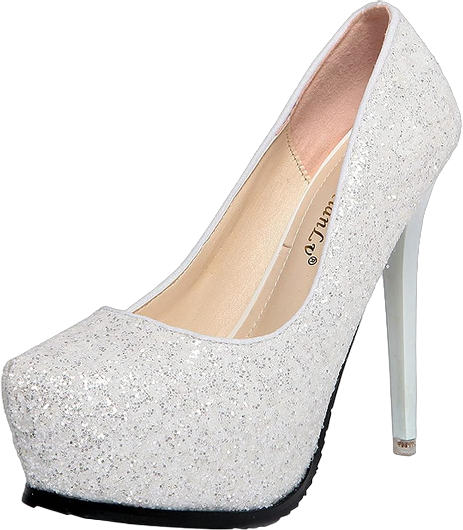 Agodor Women's Glitter Platform High Heel Stilettos Round Toe Platform Pumps Sequin Sparkle Shoes 6 White