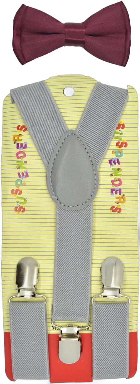 Baby Toddler Kids Children Boys Girls Y-Back Elastic Suspender & Bow Tie Plain Or Design Set Light Gray/Burgundy