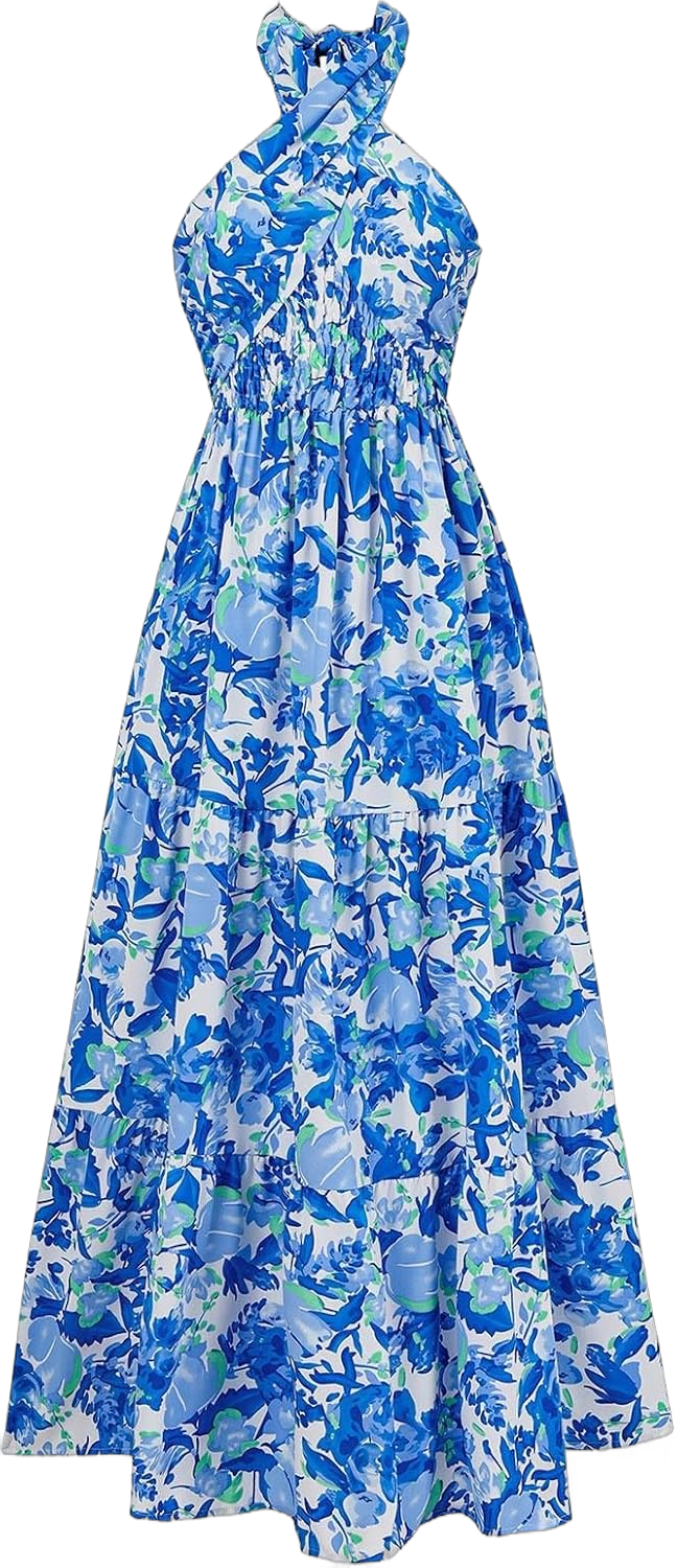 Summer Dresses for Women 2024, Sexy Criss Cross Halter Neck Sleeveless Maxi Dresses Trendy Floral Print Long Dresses Large Blue