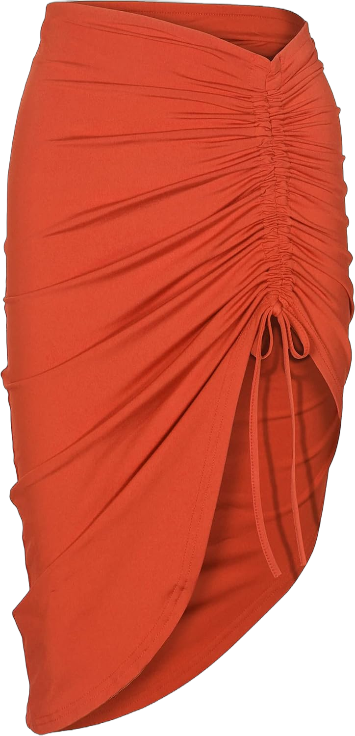 PRIMODA Women's Asymmetrical Bodycon Drawstring Ruched Midi Skirt with Thigh High Slit Medium Orange