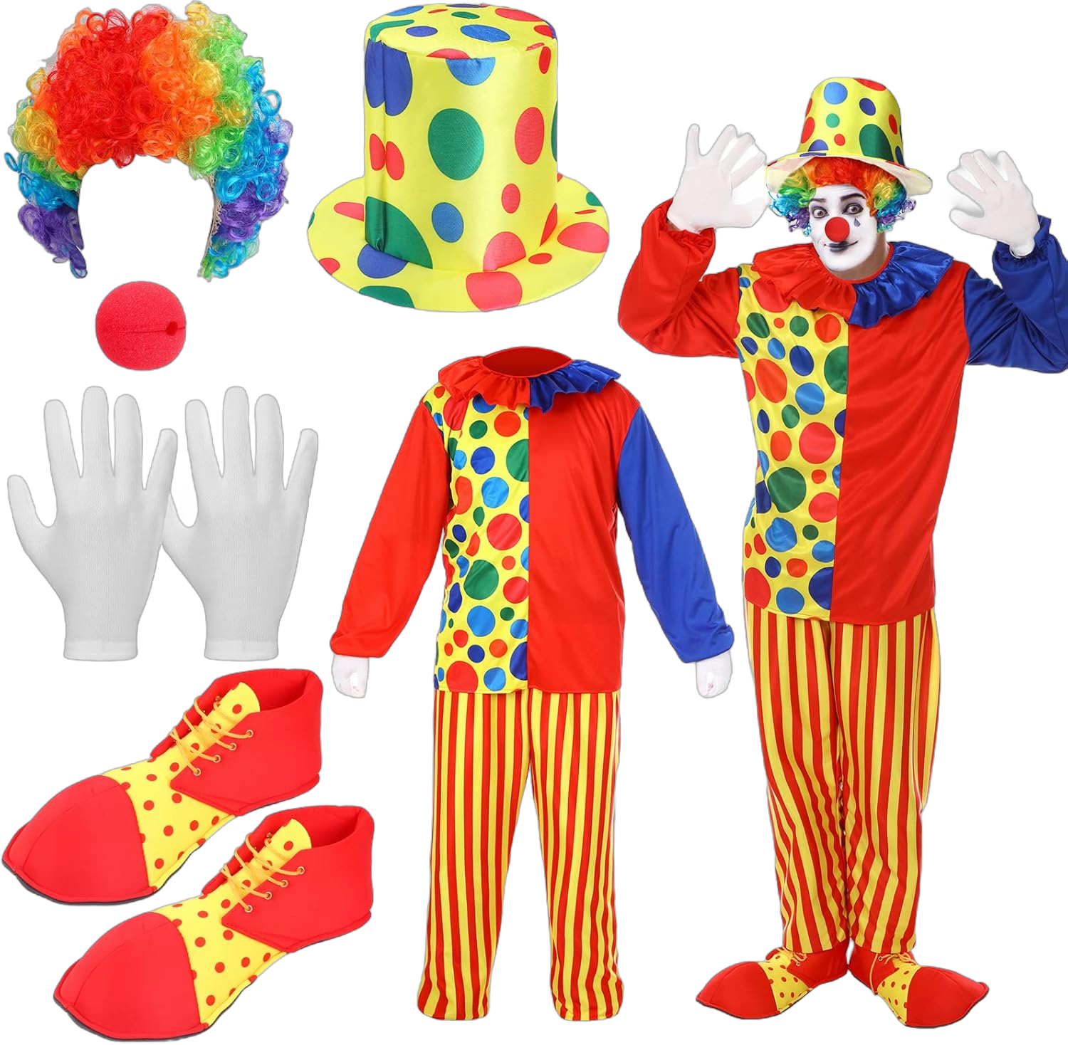 Funtery 6 Pcs Adult Clown Costume Red Clown Nose Shoes Hat Rainbow Wig and Gloves for Men Women Cosplay Large