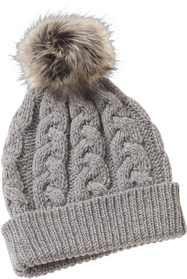 Aran Crafts Women's Irish Cable Knitted Soft Pom Faux Fur Hat (100% Merino Wool) One Size Soft Grey