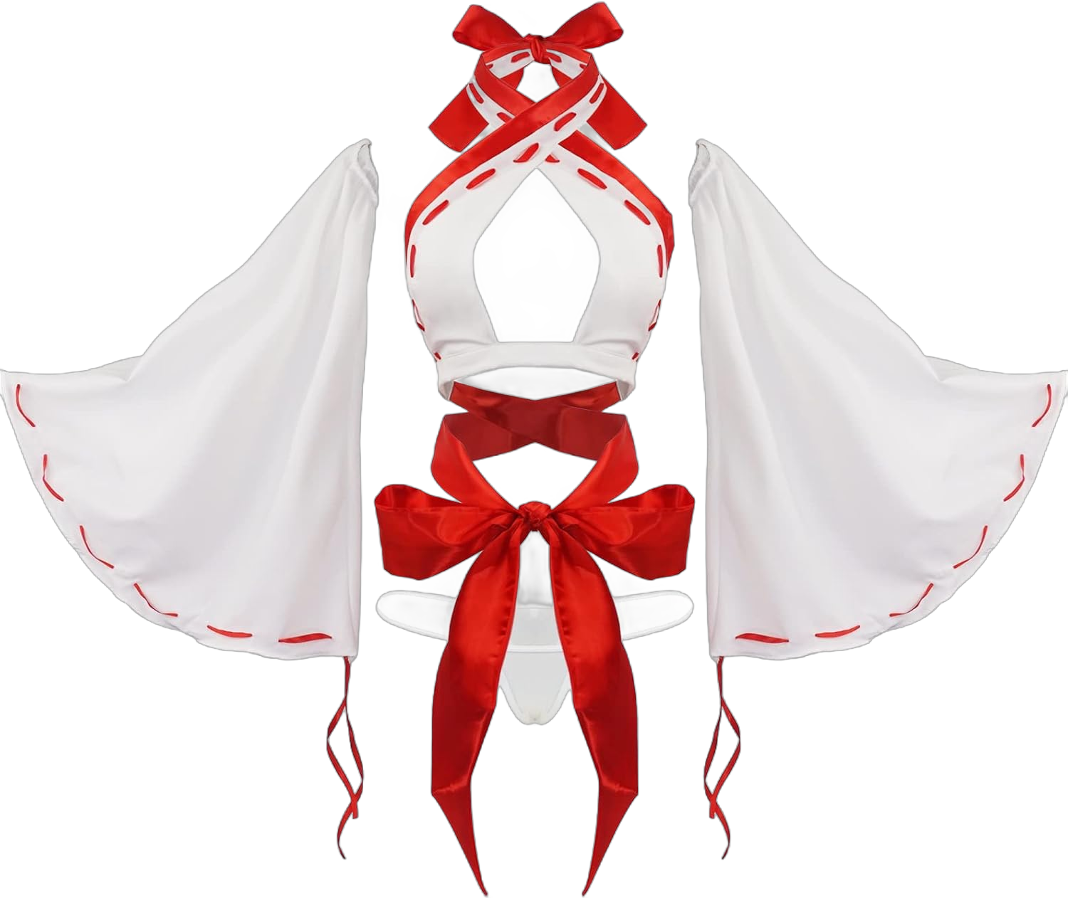 paloli Women Japanese Anime Miko Cosplay Outfit, Red And White Kimono Bra And Panty Set Witch Cosplay Costume