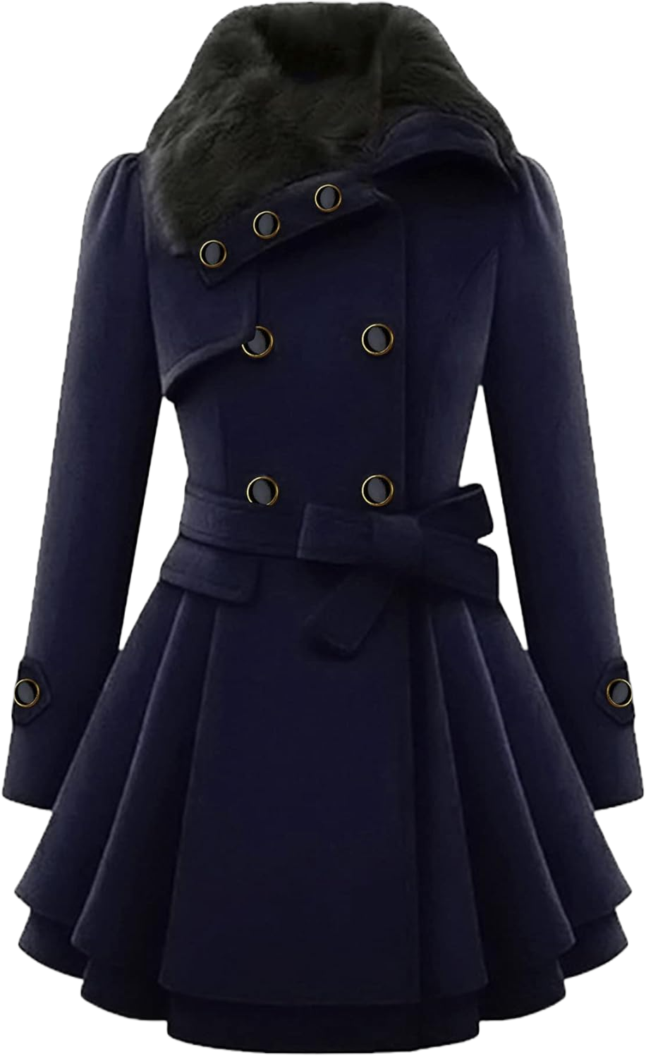 GORIFE Women Faux Fur Collar Coat Double Breasted Wool Blend Trench Coat Midi Swing Coat with Belt Large Navy Blue