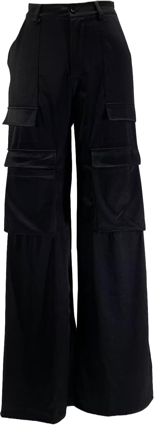 Women's Shiny Satin Cargo Pants Silky Metallic Extra Long Casual Trousers with Multi Pockets Small Black