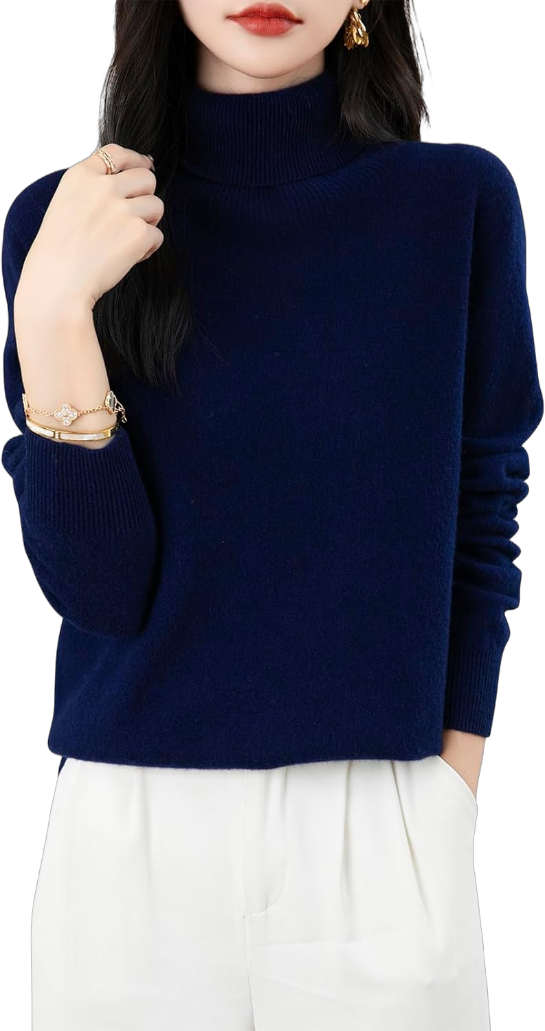 Women's Turtleneck 100% Merino Wool 2024 First-Line Ready to Wear Fall Winter Seamless Knit Pullover Sweater Medium Navy Blue