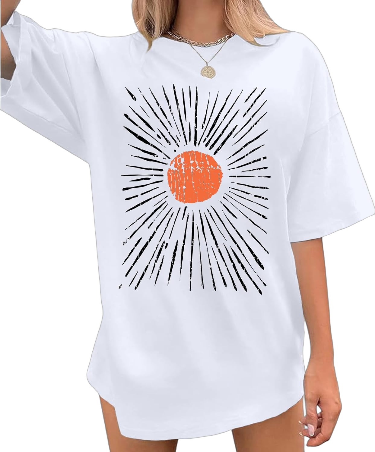 Oversized Sunshine Shirt Womens Sun Graphic Tees Vintage Boho Band T Shirts Aesthetic Hiking Shirts Casual Tops Medium White